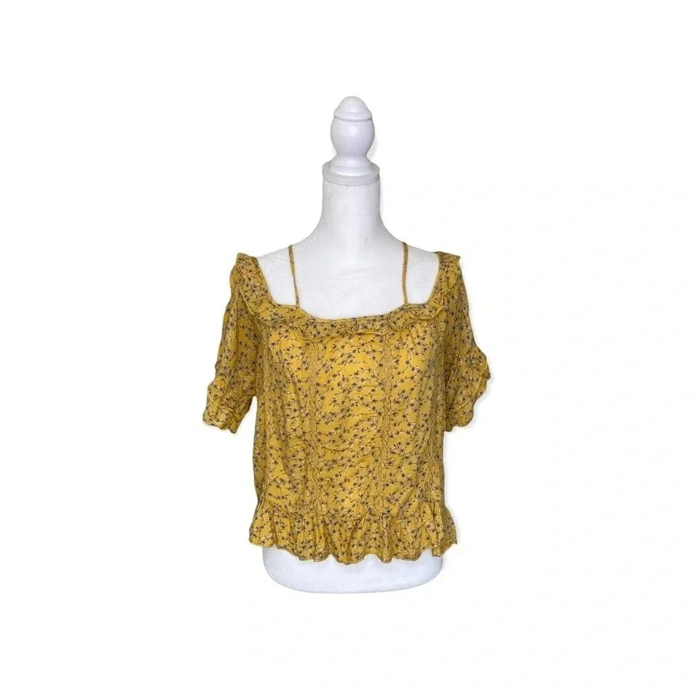 American Eagle Yellow and Blue Floral Print Off The Shoulder Top Ruffles Straps